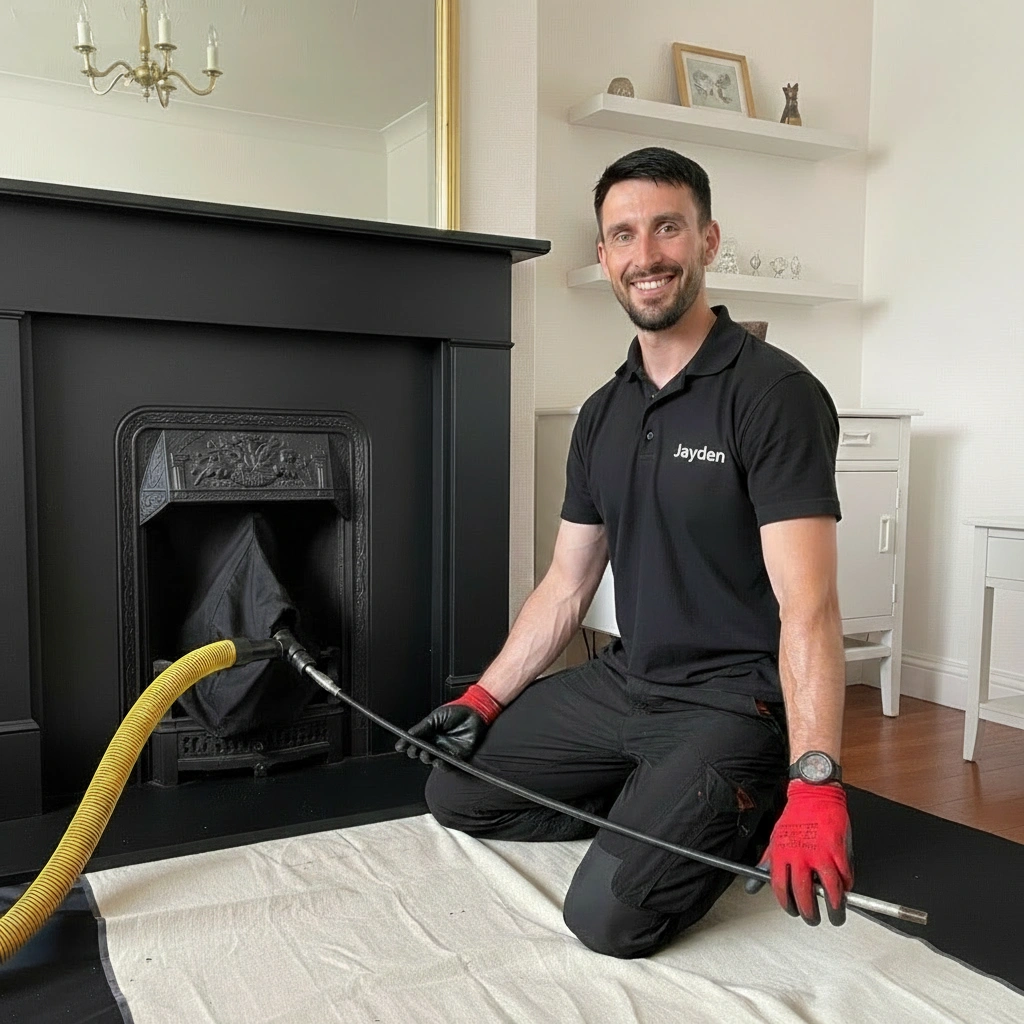 Jayden Mitchell, owner of Norwich Chimney For You, professional chimney sweep kneeling by fireplace with equipment